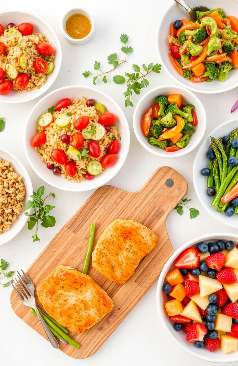 A beautifully arranged table set with various healthy recipes showcasing colorful and nutritious meals for every day, including a vibrant quinoa salad with cherry tomatoes, cucumber, and lemon dressing, a hearty vegetable stir-fry with broccoli, bell peppers, and carrots, baked salmon with herbs served with brown rice and asparagus, and a refreshing fruit salad with blueberries, strawberries, and melon