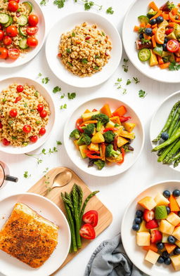 A beautifully arranged table set with various healthy recipes showcasing colorful and nutritious meals for every day, including a vibrant quinoa salad with cherry tomatoes, cucumber, and lemon dressing, a hearty vegetable stir-fry with broccoli, bell peppers, and carrots, baked salmon with herbs served with brown rice and asparagus, and a refreshing fruit salad with blueberries, strawberries, and melon