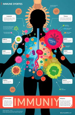 A detailed illustration showcasing the concept of medical immunity, featuring a human silhouette surrounded by vibrant colors representing different immune cells such as lymphocytes and antibodies
