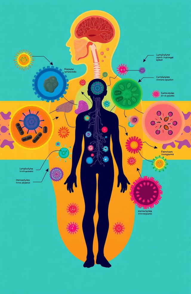 A detailed illustration showcasing the concept of medical immunity, featuring a human silhouette surrounded by vibrant colors representing different immune cells such as lymphocytes and antibodies