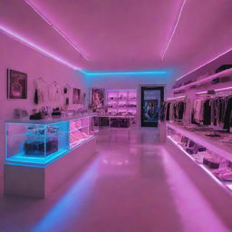 The interior of a chic boutique, bathed in the glow of various neon lights that accentuate the merchandise and give the room a modern, electrifying look.