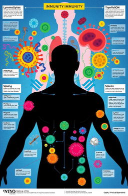 A detailed illustration showcasing the concept of medical immunity, featuring a human silhouette surrounded by vibrant colors representing different immune cells such as lymphocytes and antibodies