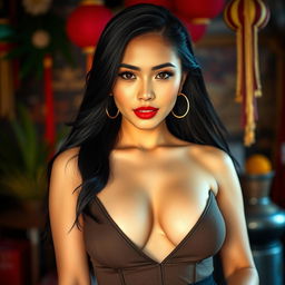 A captivating 25-year-old Thai woman dressed in revealing attire that showcases her neckline and emphasizes her voluptuous figure, directly facing the camera with a bold and provocative expression