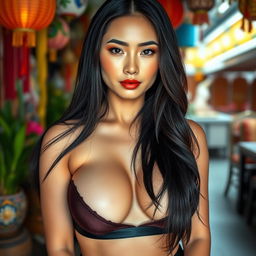 A captivating 25-year-old Thai woman dressed in revealing attire that showcases her neckline and emphasizes her voluptuous figure, directly facing the camera with a bold and provocative expression