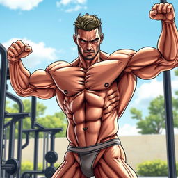 A highly detailed illustration of a muscular male figure showcasing well-defined muscles, veins, and an athletic physique