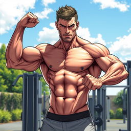 A highly detailed illustration of a muscular male figure showcasing well-defined muscles, veins, and an athletic physique