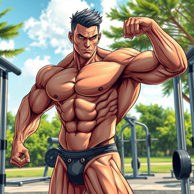 A highly detailed illustration of a muscular male figure showcasing well-defined muscles, veins, and an athletic physique