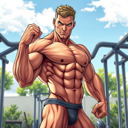 A highly detailed illustration of a muscular male figure showcasing well-defined muscles, veins, and an athletic physique
