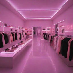 The interior of a chic boutique, bathed in the glow of various neon lights that accentuate the merchandise and give the room a modern, electrifying look.