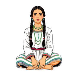 A front view illustration of an adult woman sitting on the floor, featuring two braids and adorned in traditional Guatemalan attire