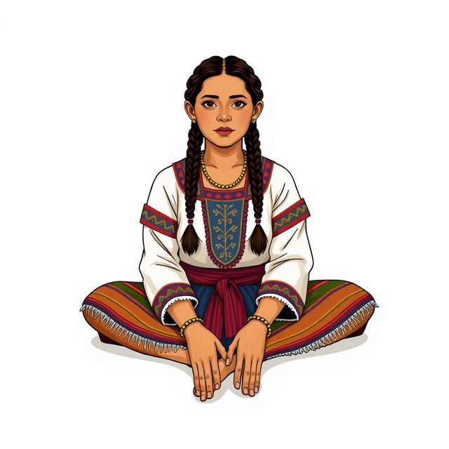 A front view illustration of an adult woman sitting on the floor, featuring two braids and adorned in traditional Guatemalan attire