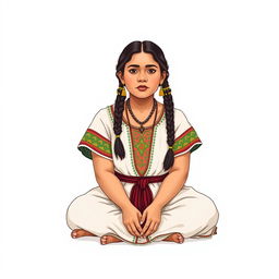 A front view illustration of an adult woman sitting on the floor, featuring two braids and adorned in traditional Guatemalan attire