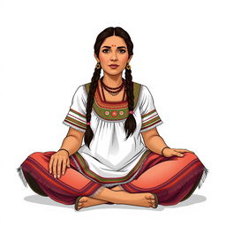 A front view illustration of an adult woman sitting on the floor, featuring two braids and adorned in traditional Guatemalan attire