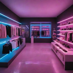 The interior of a chic boutique, bathed in the glow of various neon lights that accentuate the merchandise and give the room a modern, electrifying look.