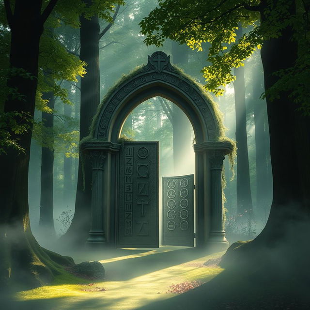 A mystical fog gate in a serene forest setting