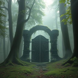 A mystical fog gate in a serene forest setting