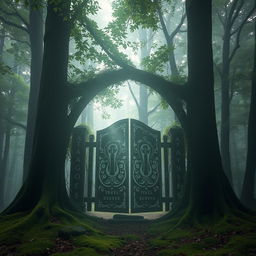 A mystical fog gate in a serene forest setting