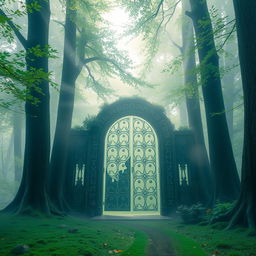 A mystical fog gate in a serene forest setting