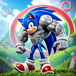A dynamic and powerful scene depicting Sonic the Hedgehog experiencing a dramatic muscle growth transformation, showcasing his iconic blue spikes and confident stance
