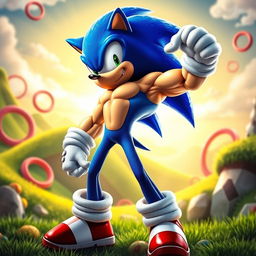 A dynamic and powerful scene depicting Sonic the Hedgehog experiencing a dramatic muscle growth transformation, showcasing his iconic blue spikes and confident stance