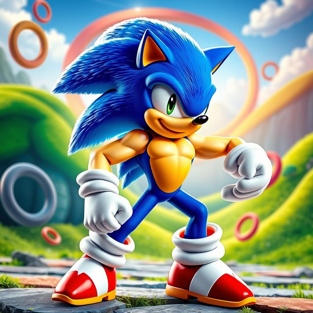 A dynamic and powerful scene depicting Sonic the Hedgehog experiencing a dramatic muscle growth transformation, showcasing his iconic blue spikes and confident stance