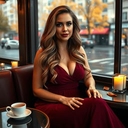 A full-body image of a sexy, mature woman in her 40s with long, wavy, chestnut hair highlighted with blonde, showcasing Latin features and a beautiful figure