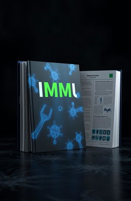 A 3D rendered medical book titled 'IMMUNE', exuding a dark mood