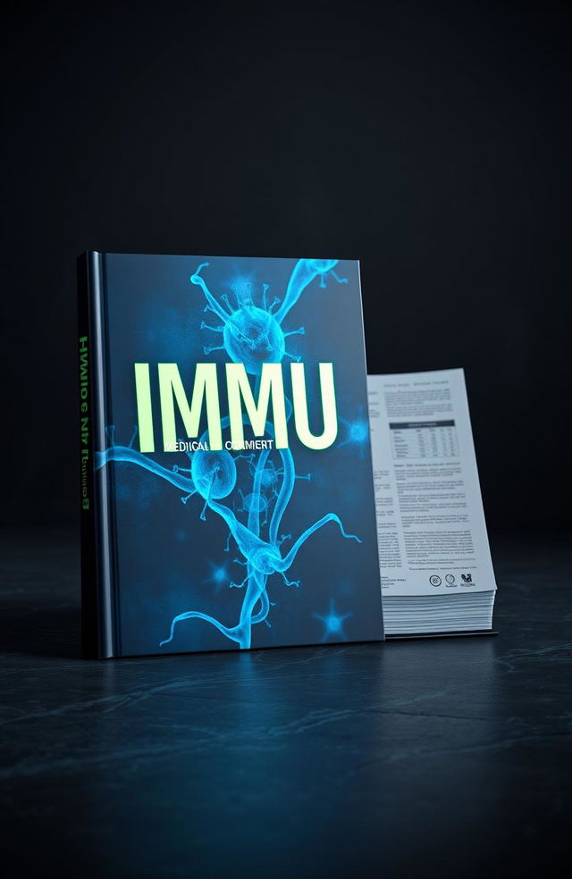 A 3D rendered medical book titled 'IMMUNE', exuding a dark mood