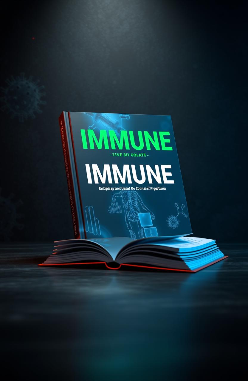 A 3D rendered medical book titled 'IMMUNE', exuding a dark mood