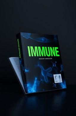 A 3D rendered medical book titled 'IMMUNE', exuding a dark mood