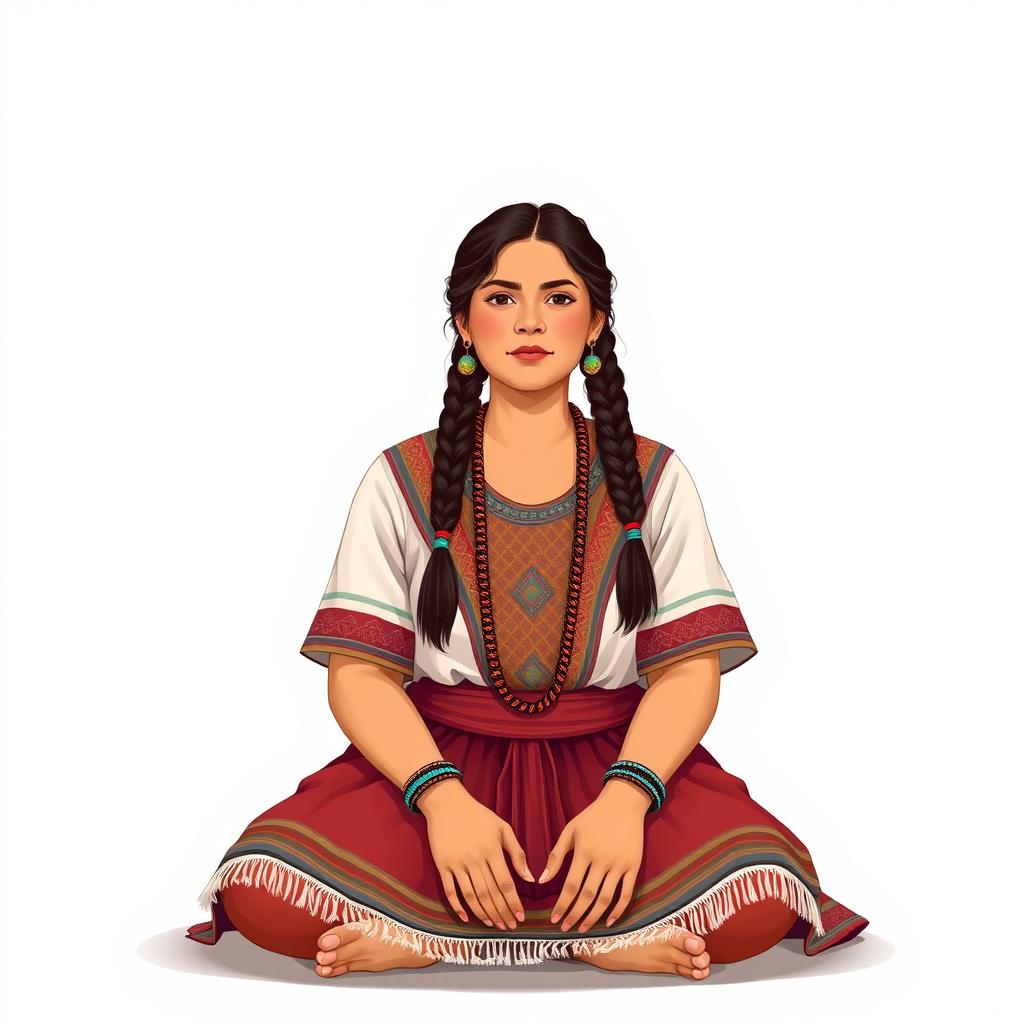 A front view illustration of an adult woman sitting on the floor, featuring two braids and wearing traditional indigenous attire from Guatemala