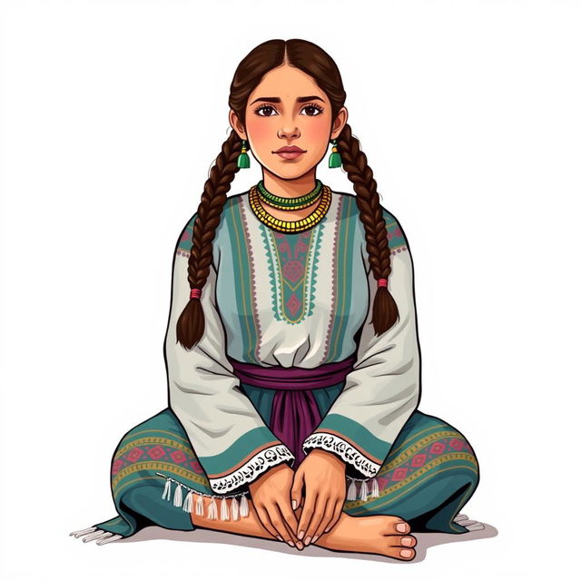 A front view illustration of an adult woman sitting on the floor, featuring two braids and wearing traditional indigenous attire from Guatemala