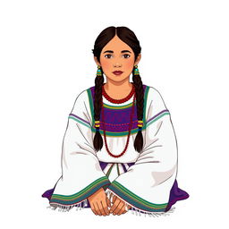A front view illustration of an adult woman sitting on the floor, featuring two braids and wearing traditional indigenous attire from Guatemala