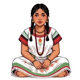 A front view illustration of an adult woman sitting on the floor, featuring two braids and wearing traditional indigenous attire from Guatemala