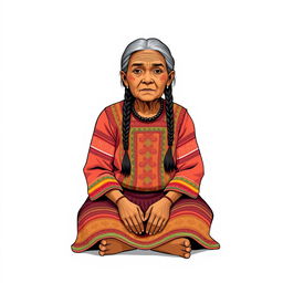 A front view illustration of an elderly woman sitting on the floor, featuring two braids and wearing traditional indigenous attire from Guatemala