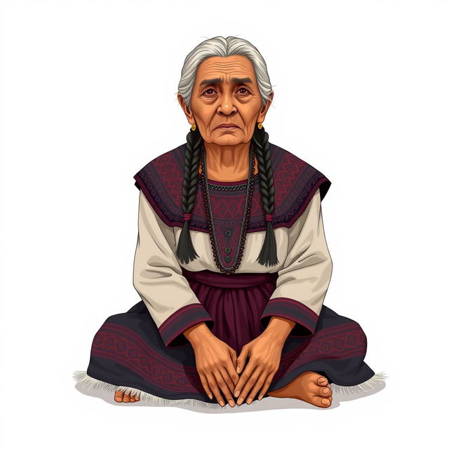 A front view illustration of an elderly woman sitting on the floor, featuring two braids and wearing traditional indigenous attire from Guatemala