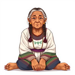 A front view illustration of an elderly woman sitting on the floor, featuring two braids and wearing traditional indigenous attire from Guatemala
