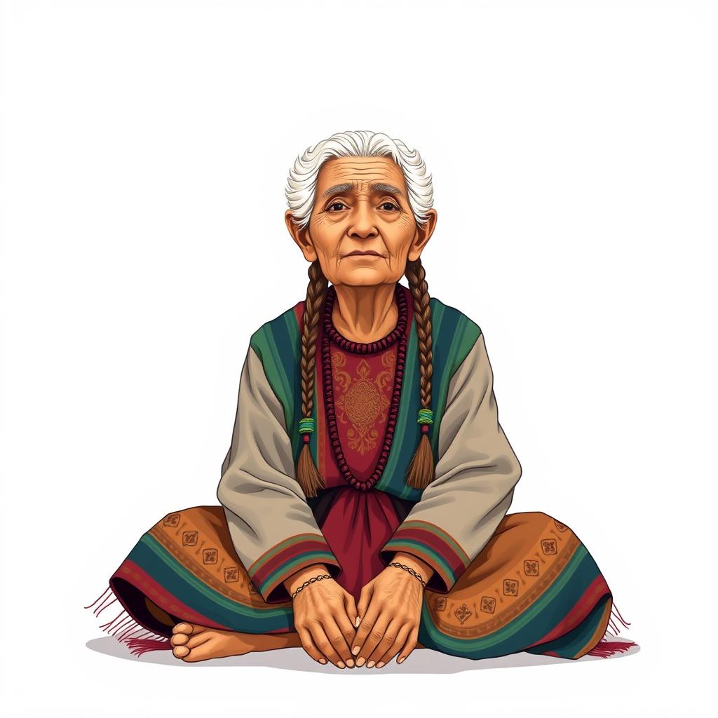 A front view illustration of an elderly woman sitting on the floor, featuring two braids and wearing traditional indigenous attire from Guatemala