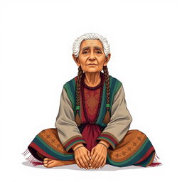 A front view illustration of an elderly woman sitting on the floor, featuring two braids and wearing traditional indigenous attire from Guatemala