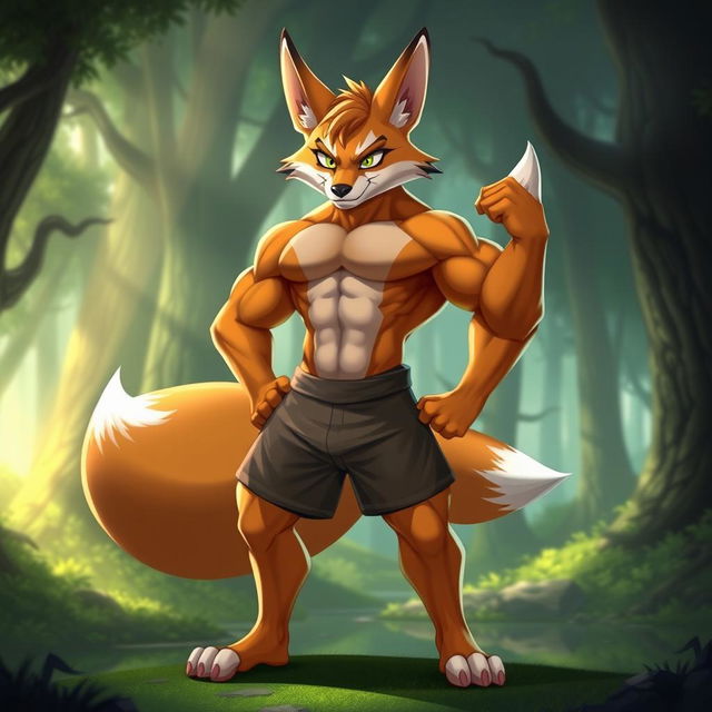 A muscular anthropomorphic fox character, exuding strength and confidence