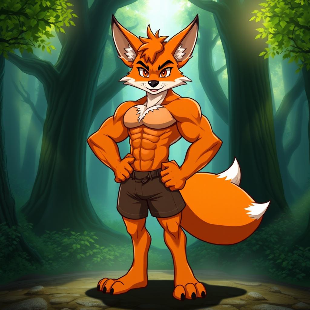 A muscular anthropomorphic fox character, exuding strength and confidence