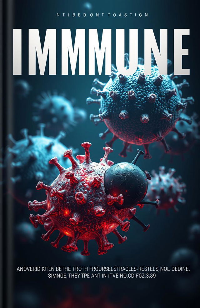 A 3D medical cover design featuring a dark, moody atmosphere, prominently displaying the title 'IMMUNE'