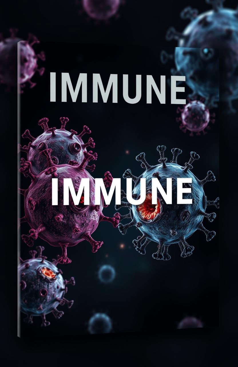 A 3D medical cover design featuring a dark, moody atmosphere, prominently displaying the title 'IMMUNE'