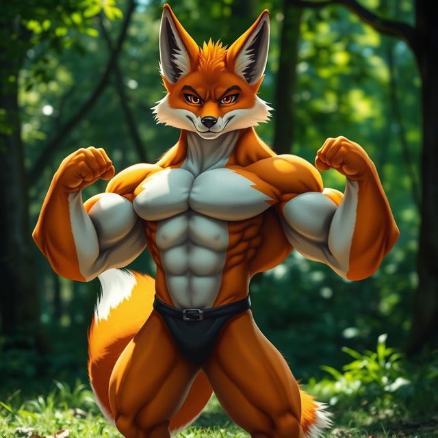 A powerful and muscular anthropomorphic fox, flexing its impressive biceps, standing confidently in a vibrant forest setting