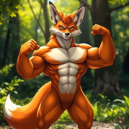 A powerful and muscular anthropomorphic fox, flexing its impressive biceps, standing confidently in a vibrant forest setting