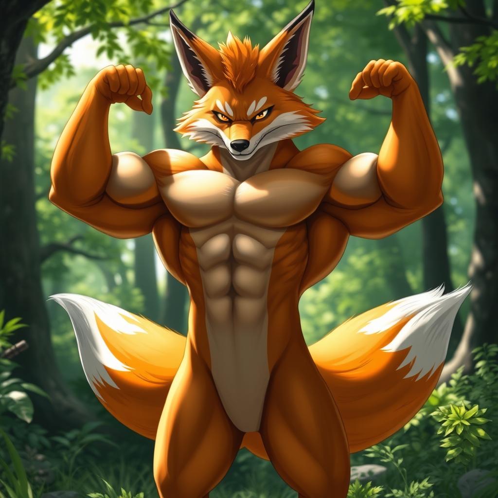 A powerful and muscular anthropomorphic fox, flexing its impressive biceps, standing confidently in a vibrant forest setting