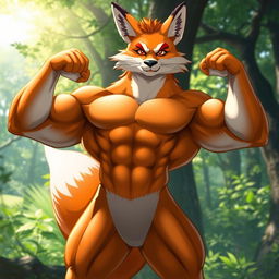 A powerful and muscular anthropomorphic fox, flexing its impressive biceps, standing confidently in a vibrant forest setting