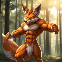 A muscular anthropomorphic fox with a powerful build, showcasing defined muscles and a confident stance