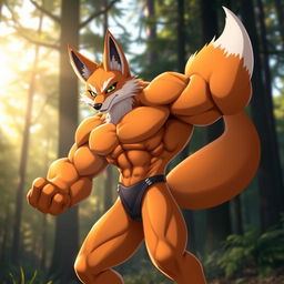 A muscular anthropomorphic fox with a powerful build, showcasing defined muscles and a confident stance