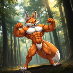 A muscular anthropomorphic fox with a powerful build, showcasing defined muscles and a confident stance